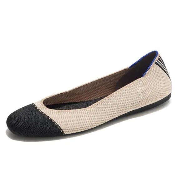 Rothy's Ballet Flat Cream Black Captoe TUXEDO Back Stripe Flat Shoes Sz 6.5/7 - Picture 2 of 16